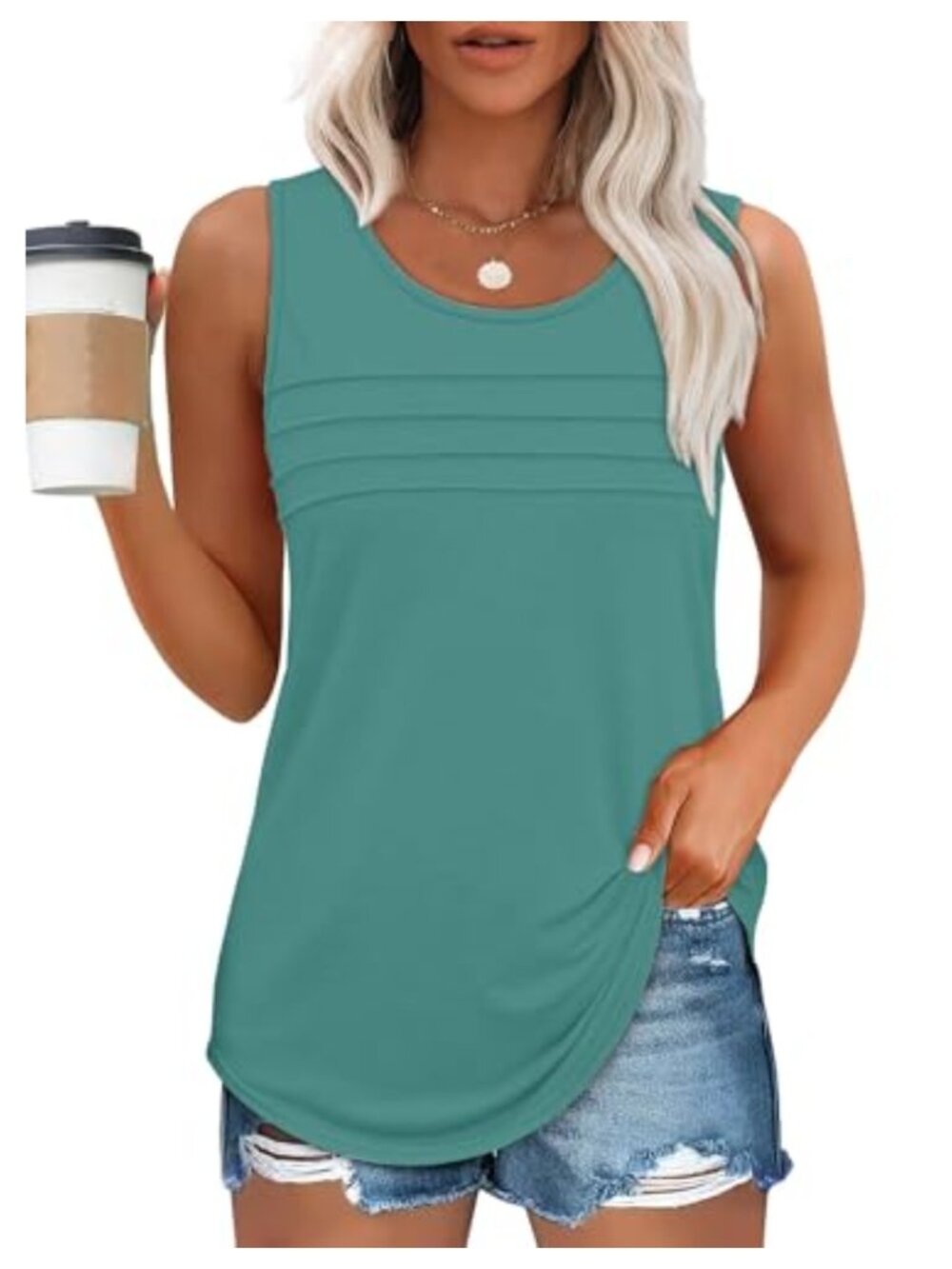 Womens Sleeveless Pleated Tank Top Loose Fit Scoop Neck Casual Summer